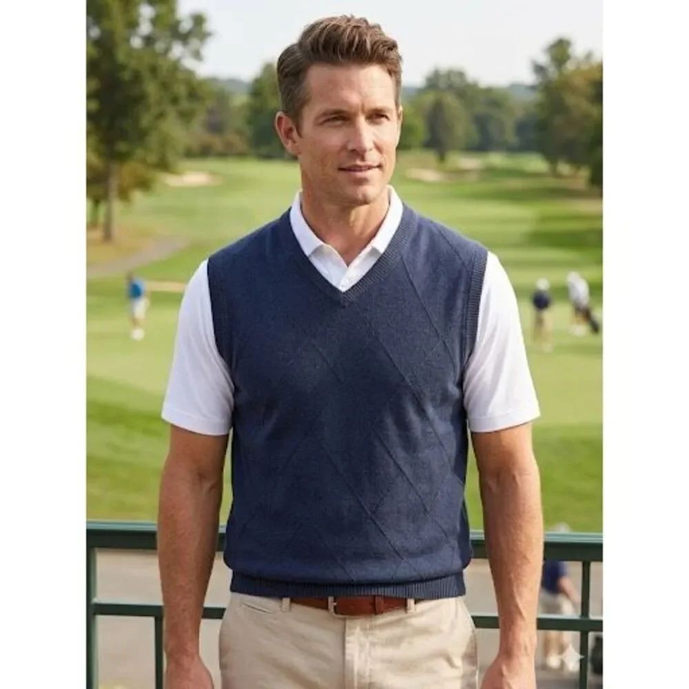 Alan Flusser Men's M Navy Blue Argyle Diamond Knit V-Neck Sweater Vest 100% Cott